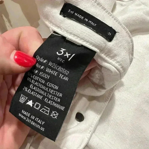 3x1 NYC Crop Boot With Raw Hem White Tear Denim Jeans Size 31 Straight Mid $225 - Picture 5 of 6